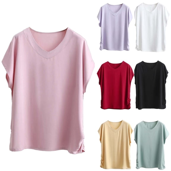 Favoffer Womens Summer Short Sleeve V Neck T Shirt Solid Color Cotton Linen Blend Top Loose Fit Casual Pullover Tee Lightweight Breathable Blouse for Hot Summer Days