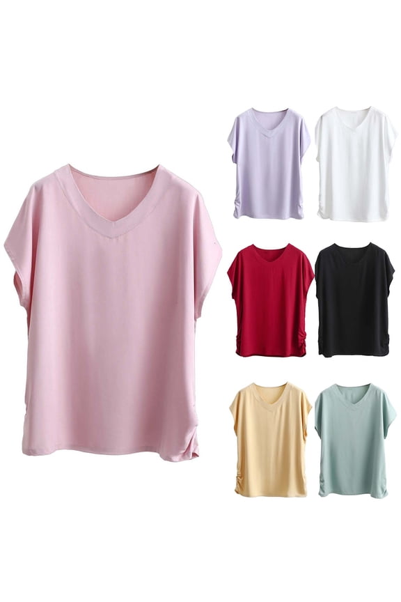Womens Summer Short Sleeve V Neck T Shirt Solid Color Cotton Linen Blend Top Loose Fit Casual Pullover Tee Lightweight Breathable Blouse for Hot Summer Days