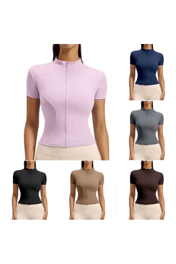 Womens Zip Up Yoga Tops St Collar Short Sleeve Workout Jackets Solid Color Athletic Tops Breathable Active Shirts Gym Running Pilates Sports