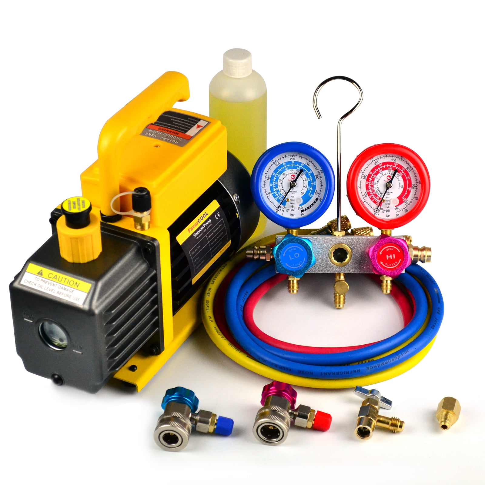 FavorCOOL 3.6 CFM 110V 1/4HP Single Stage Rotary Vane Air Vacuum Pump and AC Manifold Gauge Set Kit for R134a R12 R22 R502 R410a HVAC Air Conditioning Refrigeration Recharging