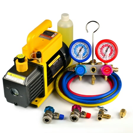 FavorCOOL 3.6 CFM 110V 1/4HP Single Stage Rotary Vane Air Vacuum Pump and AC Manifold Gauge Set Kit for R134a R12 R22 R502 R410a HVAC Air Conditioning Refrigeration Recharging