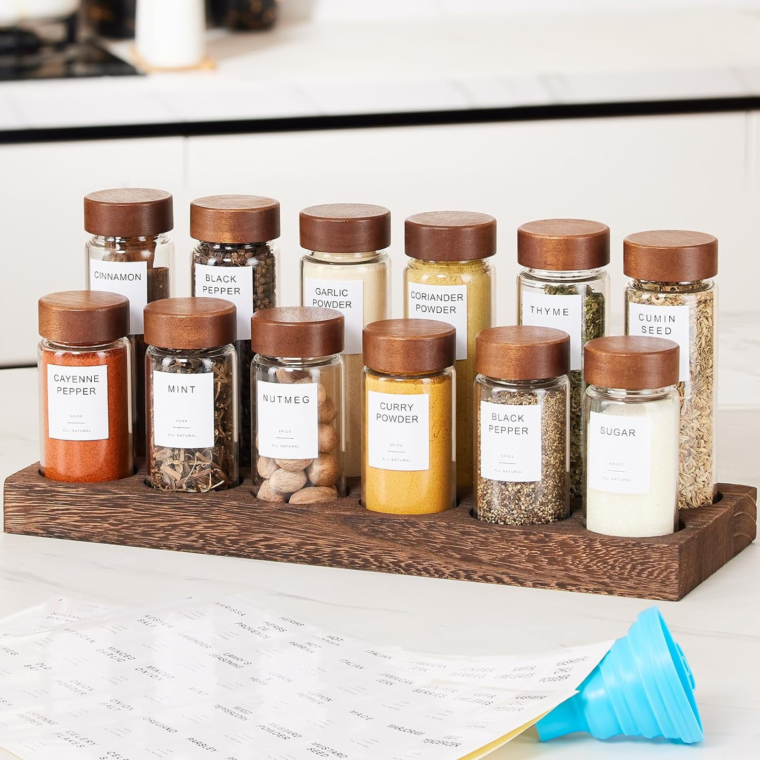 FavorFlavor 12 Pcs Spice Jars with Label Organizer Thickened Glass Seasoning Jars with Wooden Lids Rack Airtight Sealing Seasoning Bottles