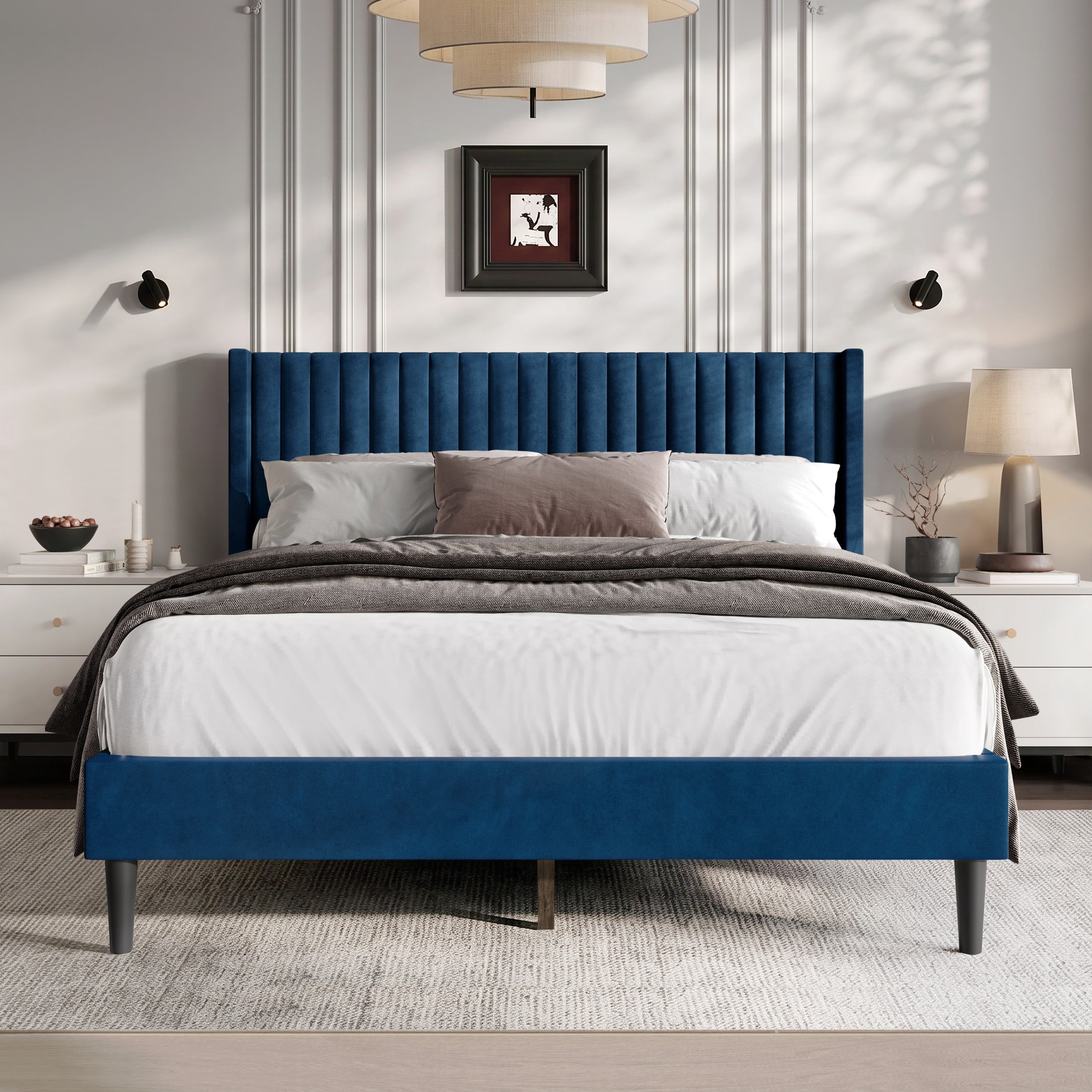 Favorer Montrose Upholstered Wingback Bed, Channel Tufted Headboard, Platform Design