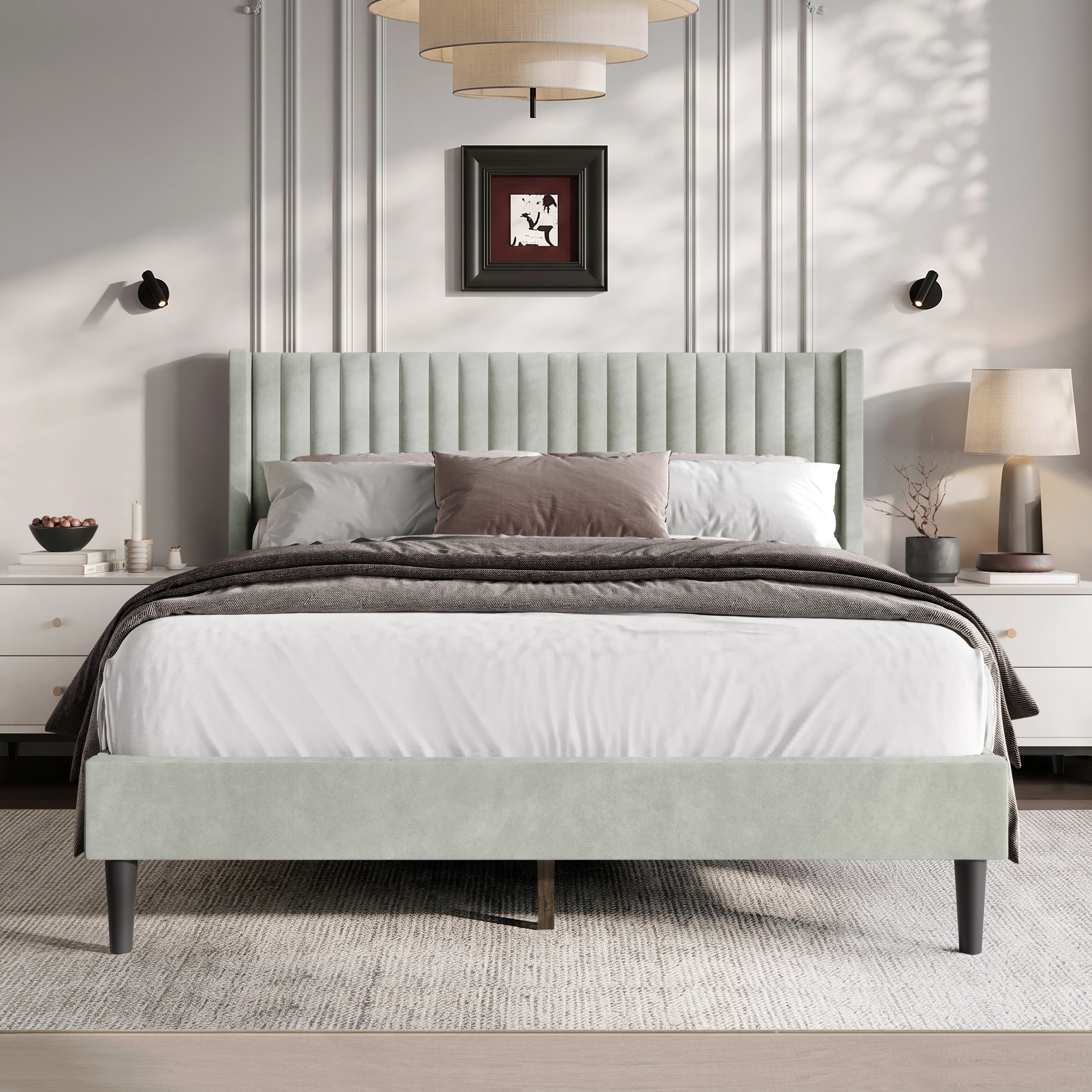 Favorer Montrose Upholstered Wingback Bed, Channel Tufted Headboard, Platform Design