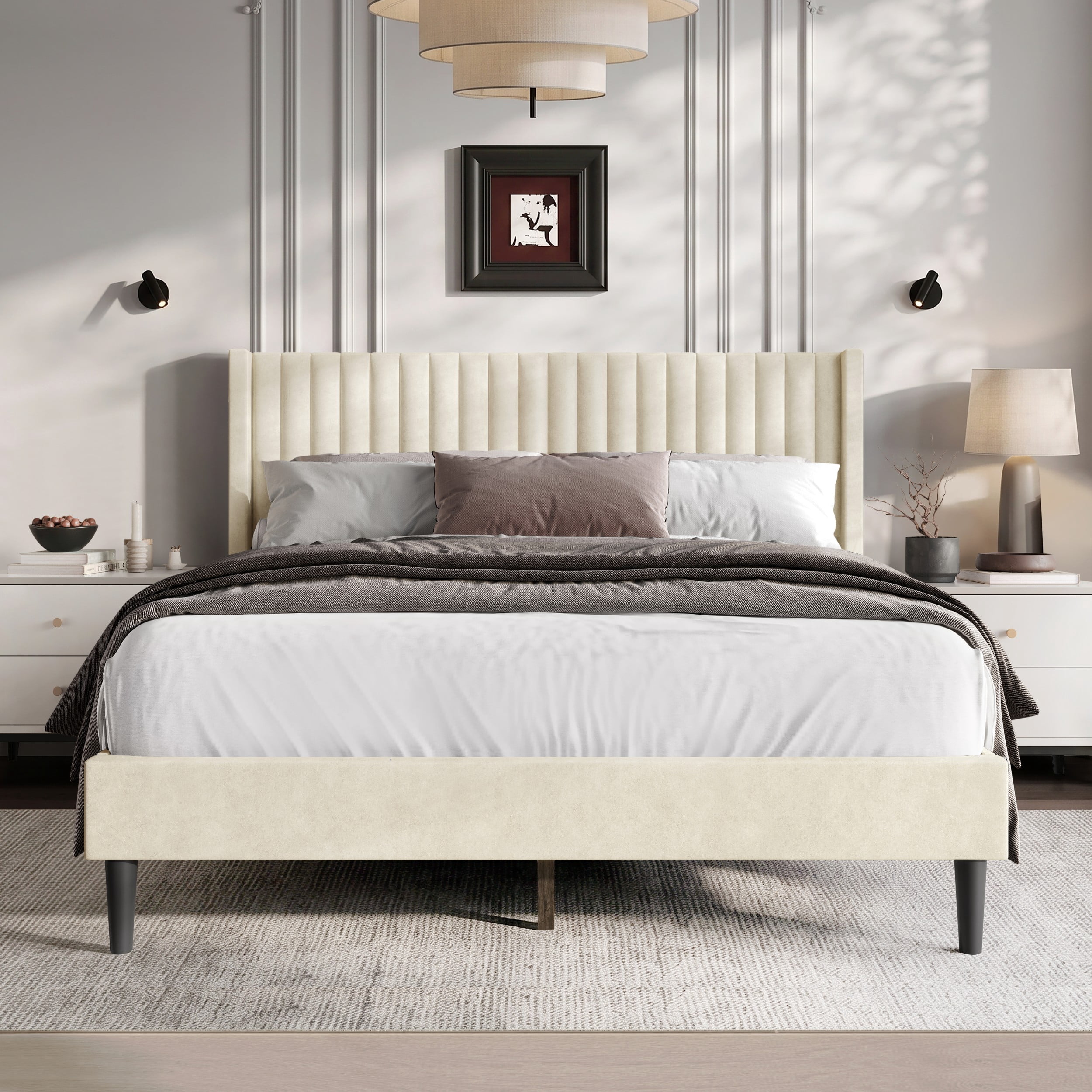 Favorer Montrose Upholstered Wingback Bed, Channel Tufted Headboard, Platform Design