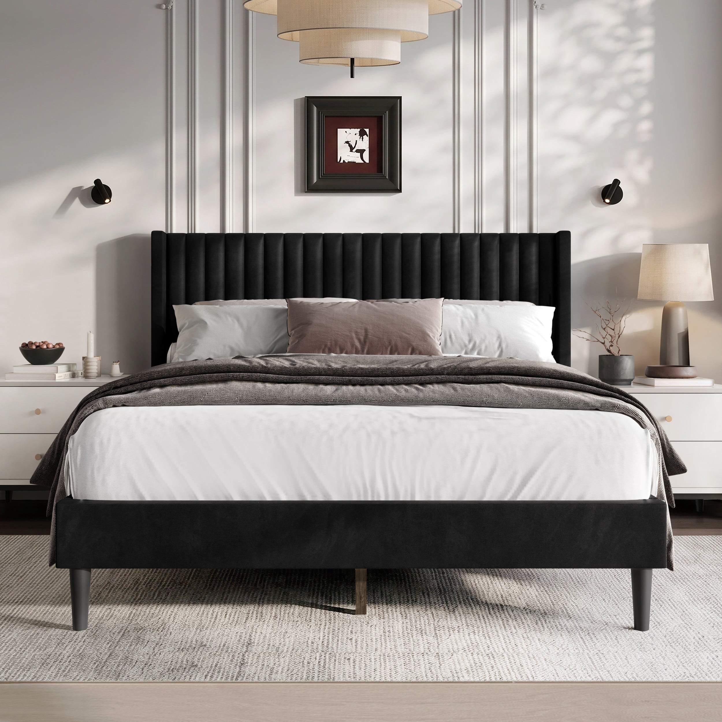 Favorer Montrose Upholstered Wingback Bed, Channel Tufted Headboard, Platform Design