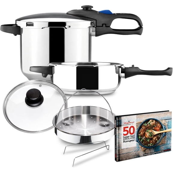 Favorit Six Stainless Steel Pressure Cooker Set, 3.2 & 6.3 Qts, Induction Compatible, Heat Diffuser Base, 5 Safety Systems Special Edition (Steam Basket, Lid & Recipe Book)