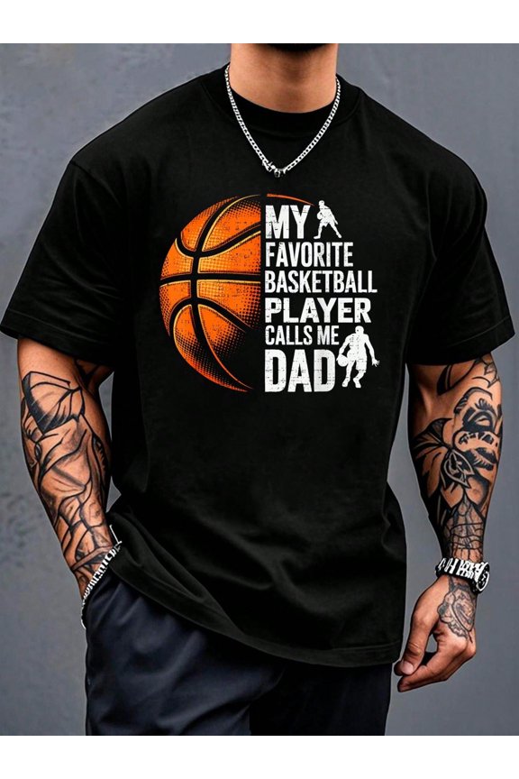 My Favorite Basketball Player Calls Me Dad Father's Day T-Shirt Print T-Shirt Casual Crew Neck Short Sleeve Comfort Tee Top For Spring & Summer Men's Clothing
