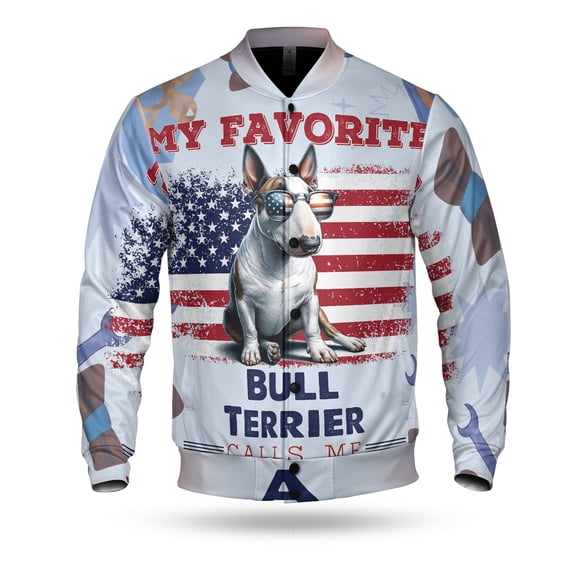 My Favorite Bull Terrier Calls Me Dad. Happy Father's Day All Over Print 3D Baseball Jacket Bully Dog Lovers Gifts Idea Bomber Jacket Softball - 00005