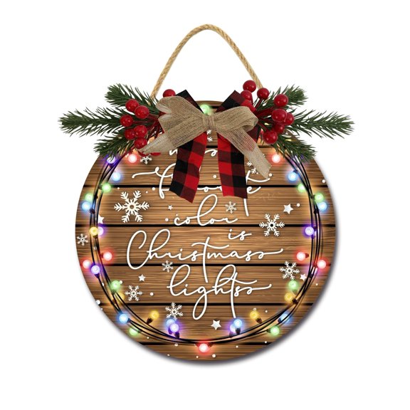My Favorite Color Is Christmas Lights Door Hanging Sign 11 inch Wooden Wall Sign, Rustic Holiday Wreath Decor for Front Door Porch Home Window Wall Farmhouse Decorations