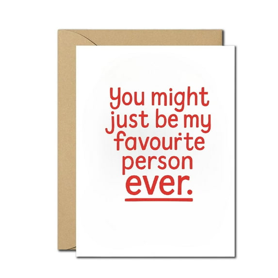 Favorite Person Ever Greeting Card – Cute Love, Friendship, or Anniversary Card – Fun Minimalist Red Typography Card with Envelope