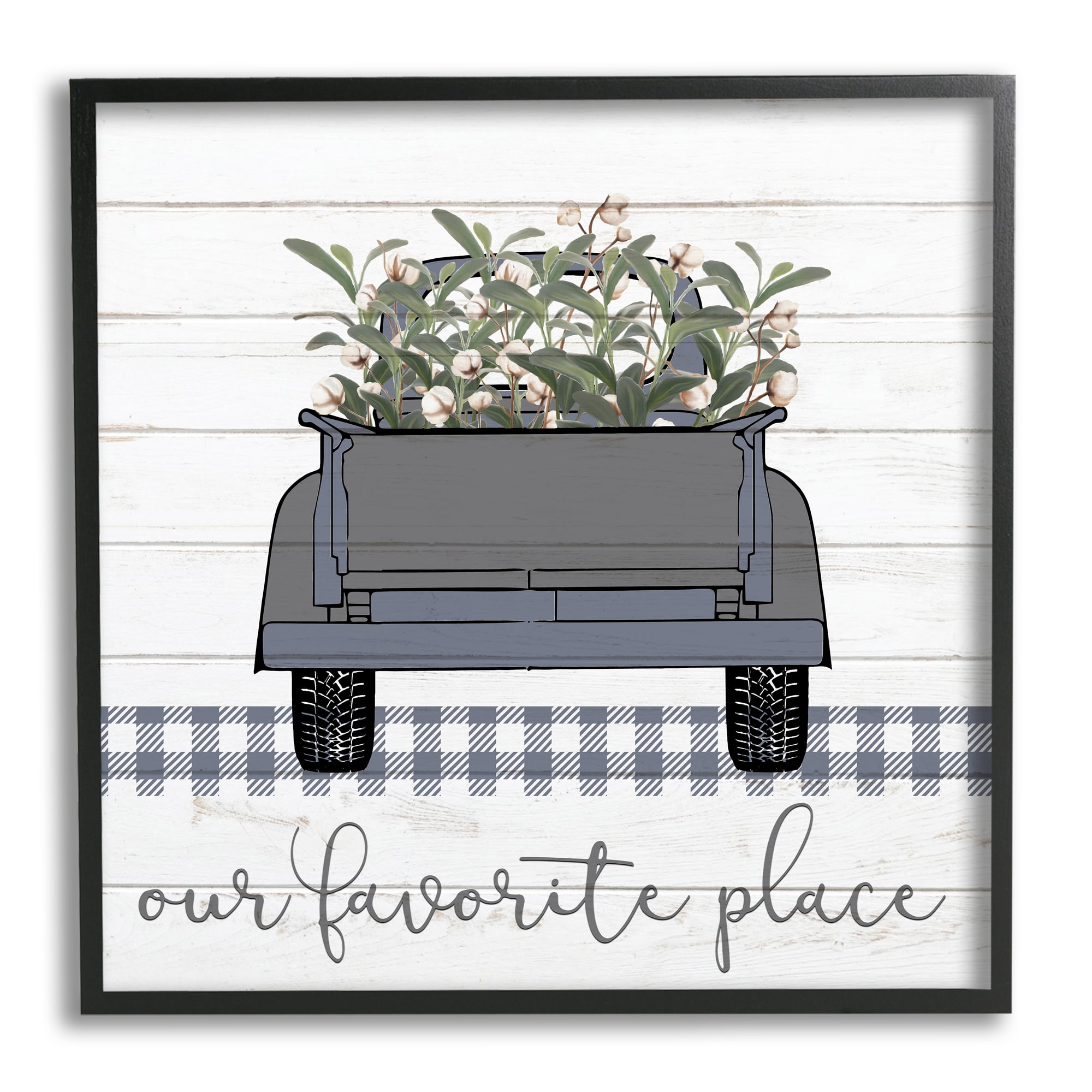 Favorite Place Truck Wood Texture Blue Word Design Typography Framed Art Print Wall Art, 17x17