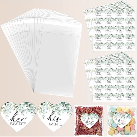 His Her Favorite Stickers Candy Bags Wedding Favor Stickers Cellophane Bags That Seal Themselves Labels Guest Welcome Bag Stuffers Bulk (Green,Classic Love)