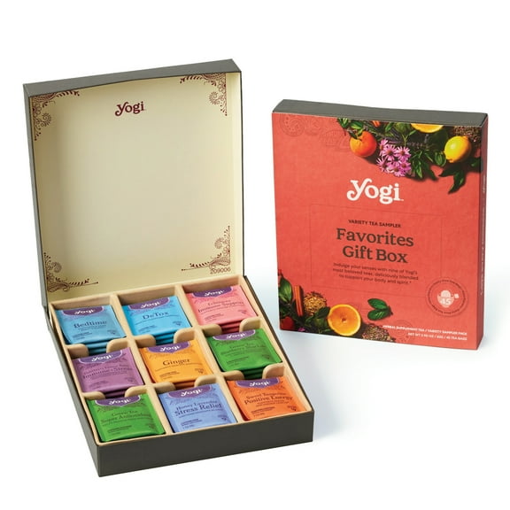 Favorites Yogi Tea Organic Sampler Gift Box - Assorted Delicious Wellness Teas - 9 Herbal, Green & Black Teas - Tea Gift Set & Variety Pack (45 Tea Bags)