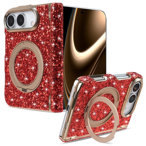 Favorn Case for iPhone Duo, 360° Rotating Ring Holder Stand, Magnetic Hinge Protection, Support Wireless Charging, Glitter Bling Electroplated Bumper Shockproof Protective Case, Red