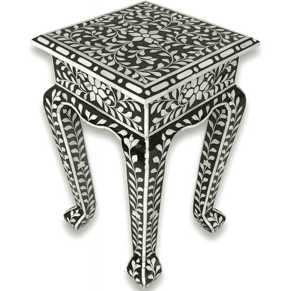 Favors Handicraft 12" Square Floral Bone Inlay Side Table in Black and White