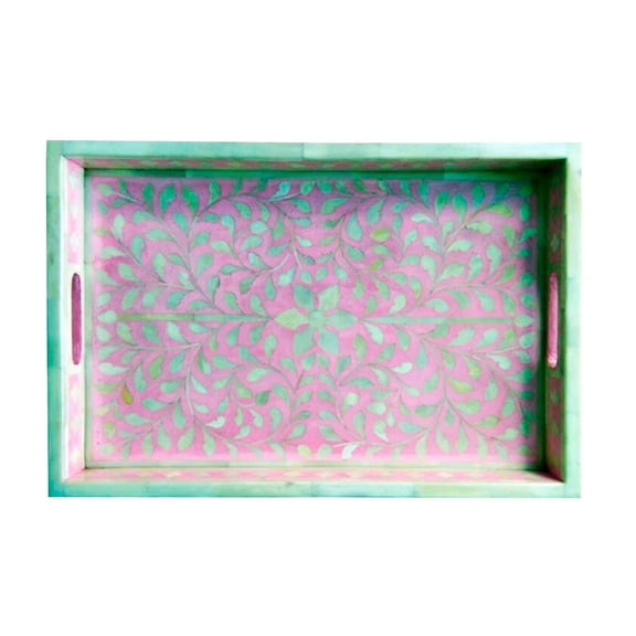 Favors Handicraft 18" x 12" Floral Bone Inlay Decorative Serving Tray in Pink