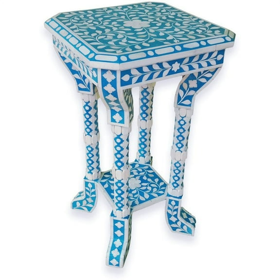 Favors Handicraft Floral Bone Inlay Accent Side Table in Blue