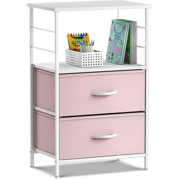 Favory 2 Drawer Shelf Storage Nightstand - Bedside Furniture End Table Night Stand with Steel Frame Wood Top & Easy Pull Fabric Bins, Dresser & Chest for Home Bedroom,Pink