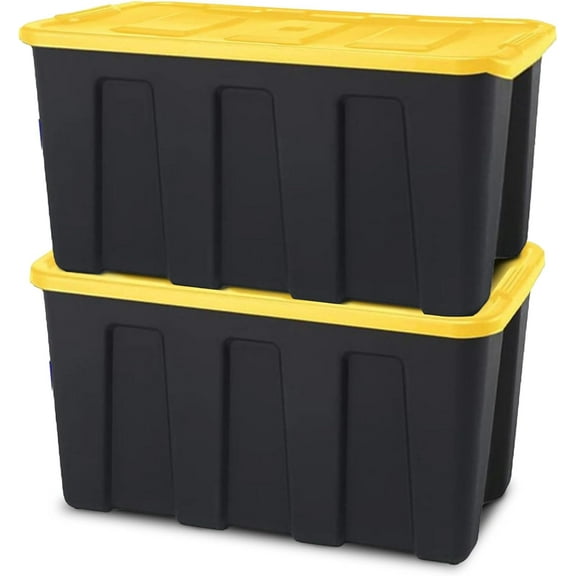 Favory 2-Pack Durabilt Tote, Heavy Duty Plastic Storage Bins with Lids, 34 Gallon, Black/Yellow - Stackable Organizing Containers for Home, Garage, and Office