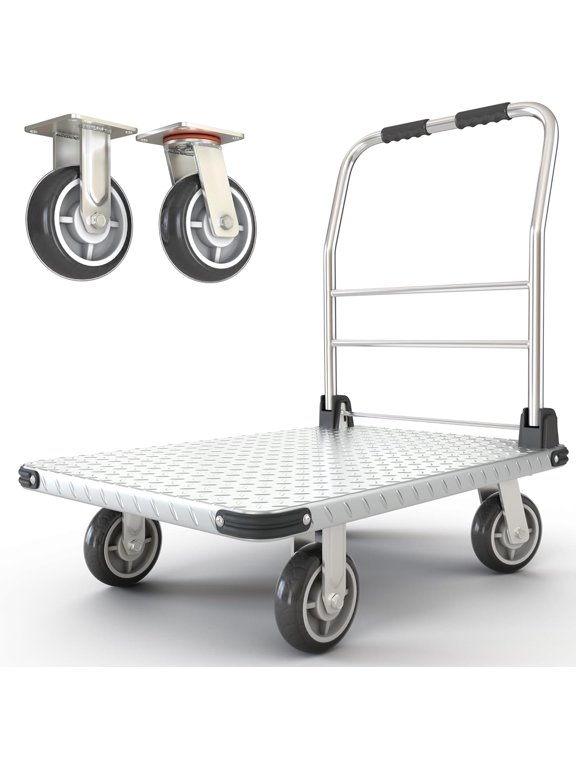2200 lbs. Capacity Foldable Push Cart | Moving Platform Hand Truck | Heavy Duty Space Saving Collapsible | Swivel Flat Bed Wagon - Furniture Luggage Lifting-Silver