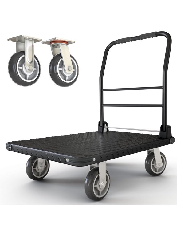 2200 lbs. Capacity Foldable Push Cart | Moving Platform Hand Truck | Heavy Duty Space Saving Collapsible | Swivel Flat Bed Wagon - Furniture Luggage Lifting-Black