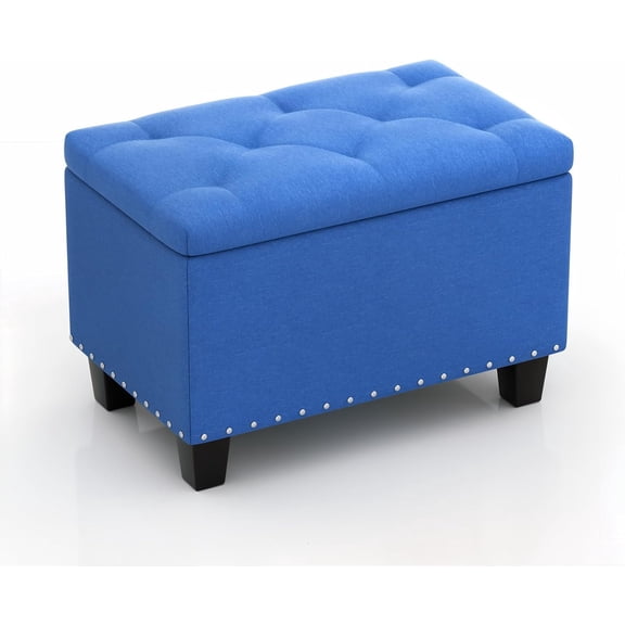 Favory 25 Inches Storage Ottoman, Upholstered Linen Foot Rest Stool for Couch with Hinged Lid, Ottoman with Storage for Living Room, Bedroom, Entryway, Load up to 600 lbs, Blue