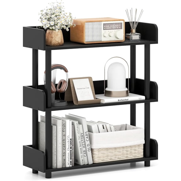 Favory 3-Tier Bookshelf, Freestanding Black Bookcase with Anti-Tipping Kit, Open Storage Organizer, Standing Display Rack Shelving Unit, 3 Shelf Bookcase for Living Room Bedroom Study