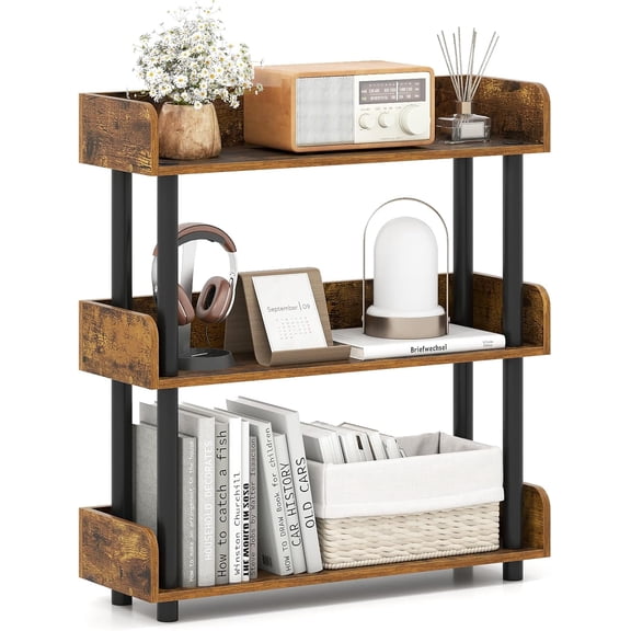 Favory 3-Tier Bookshelf, Freestanding Bookcase with Anti-Tipping Kit, Open Storage Organizer, Standing Display Rack Shelving Unit, 3 Shelf Bookcase for Living Room Bedroom Study, Rustic Brown