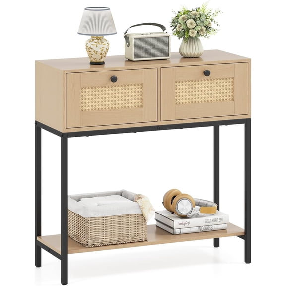 Favory 32 Inch Rattan Console Table, Boho Narrow Sofa Table
