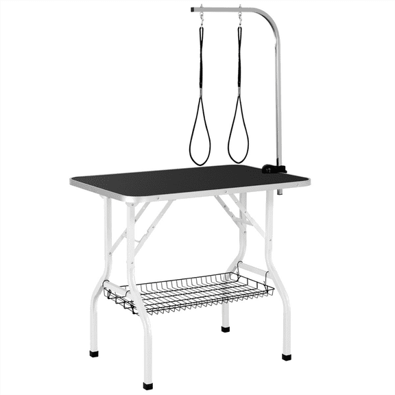 Favory 36'' Foldable Dog Grooming Table - Adjustable Height Pet Grooming Station with Double Loops & Mesh Tray, Sturdy Portable Grooming Table for Home/Professional Use,Black