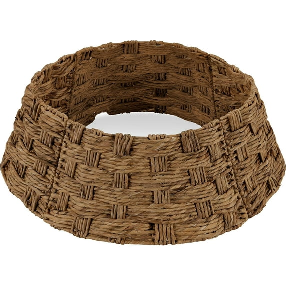 Favory 36in Christmas Tree Collar, Basket Woven Hyacinth 3-Piece Holiday Rattan Tree Skirt Accessory for Home w/Cord Cut-Out - Chestnut