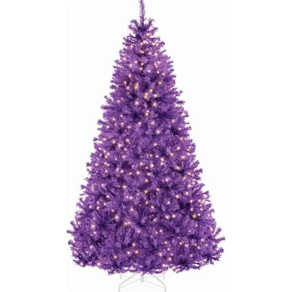 Favory 4.5ft Pre-Lit Purple Christmas Tree, Full Artificial Holiday Decoration w/ 362 Branch Tips, 175 Lights, Foldable Base,Purple