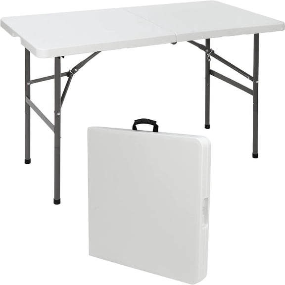 Favory 4ft Plastic Folding Table, Indoor Outdoor Heavy Duty Portable w/Handle, Lock for Picnic, Party, Camping - White