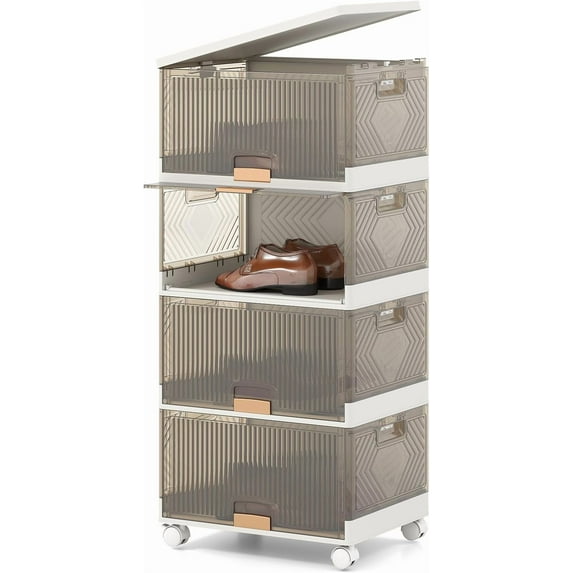 Favory 4 Tier Stackable Storage Bins with Lids, 18 GalFoldable Shoe Storage Box with Detachable Wheels & Flip-Up Doors, Collapsible Closet Organizers and Storage Bins