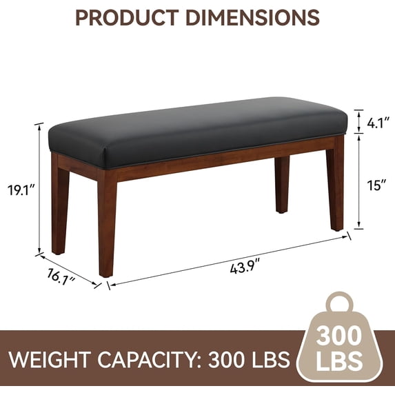 Favory 43.5'' Faux Leather Bedroom Bench, Upholstered End of Bed Bench, Padded Vintage Dining Bench, Entryway Bench with Solid Wood Legs, Kitchen, Living Room, Hallway, Black