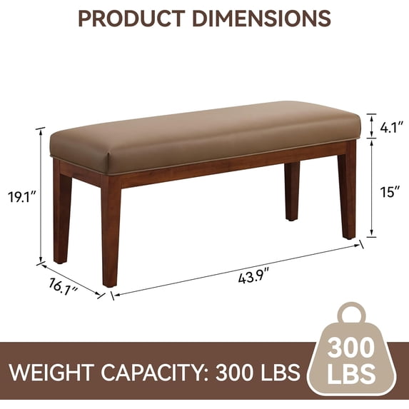 Favory 43.5'' Faux Leather Bedroom Bench, Upholstered End of Bed Bench, Padded Vintage Dining Bench, Entryway Bench with Solid Wood Legs, Kitchen, Living Room, Hallway, Brown