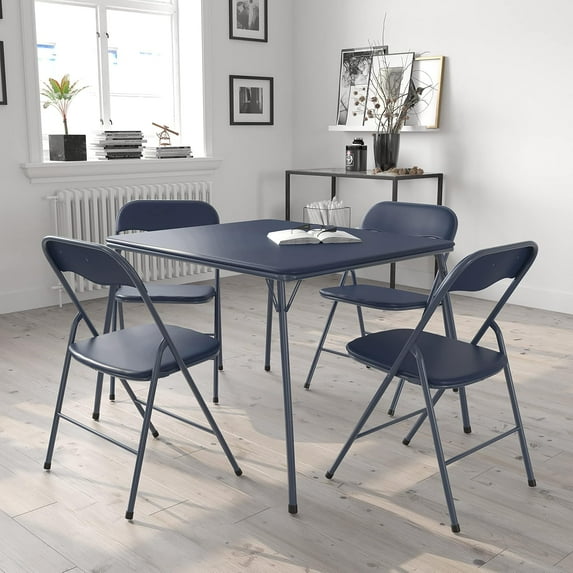 Favory 5-Piece Multipurpose Folding Card Table and Chairs Set for 4 Players, Padded Top Portable Square Folding Table and Chairs Set, Navy