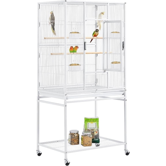 Favory 54" Large Flight Bird Cage for Parrots Macaw Cockatiels Sun Parakeets Lovebird Green Cheek Conures African Grey Small Quaker Amazon Parrots with Rolling Stand, White