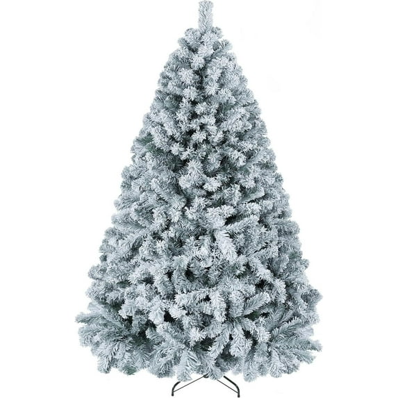 Favory 6ft Premium Snow Flocked Artificial Christmas Tree Hinged Pine Full Holiday Xmas Tree for Home Office Party Decoration with 820 Branch Snow Tips and Metal Stand,Green&white