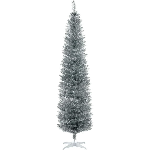 Favory 7' Silver Artificial Pencil Christmas Tree - Slim Design, 499 Realistic Branch Tips & Sturdy Plastic Stand, Perfect for Space-Saving Home, Apartment, Holiday Party Decor, Ideal for Christmas