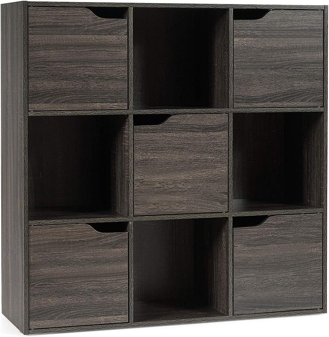 Favory 9-Cube Storage Organizer, Storage Cabinet with 4 Open Cubes and 5 Cabinets, Freestanding Wooden Cubby Bookcase, Compartment Units for Home Office, 3-Tier Bookshelf for Books,Grey