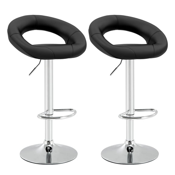 Favory Adjustable Swivel Bar Stools Set of 2, Modern PU Leather Counter Height Bar Chairs w/Hollowed Back, Footrest, Metal Base, Anti-Slip Ring, Barstools for Kitchen Island,Black + Silver