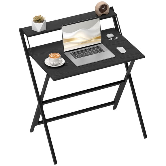 Favory No Assembly Folding Desk, 2-Tier Compact Computer Desk with Shelf, Space Saving Foldable Table for Home Office, Dorm or Apartment,,27.6" W x 24.4" D x 34.1" H