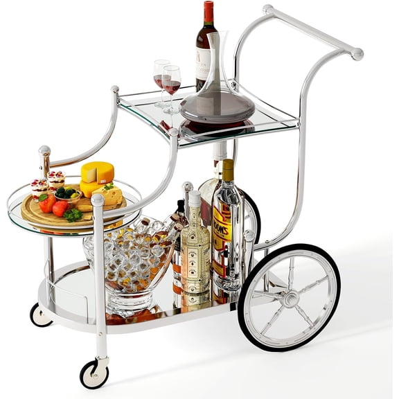 Favory Bar Cart, 3-Tier Rolling Home Bar Serving Cart with Mirrored Shelves & 4 Wheels, Mobile Beverage & Wine Cart for Kitchen, Dining Room, Living Room (Silver)