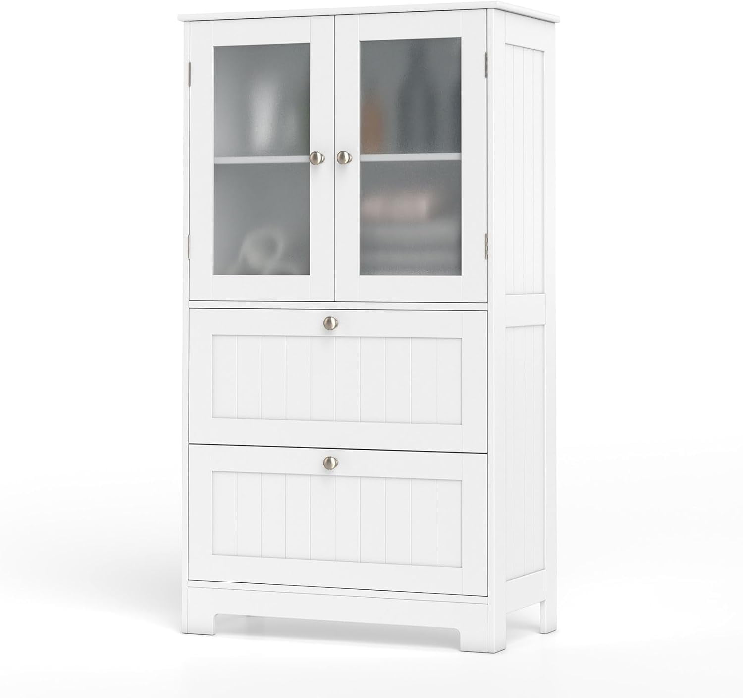 Favory Bathroom Storage Cabinet w/2 Large Drawers, Tall Pantry Cabinet w/Adjustable Inner Shelf, Frosted Tempered Glass Doors, Freestanding Floor Cabinet for Living Room, Kitchen, Dining Room