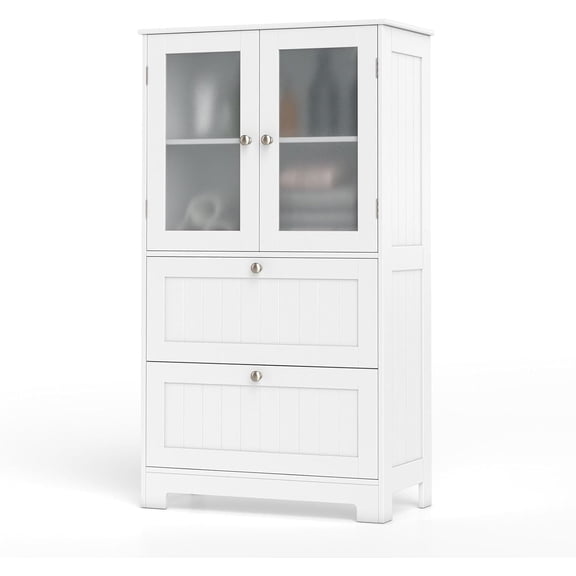 Favory Bathroom Storage Cabinet w/2 Large Drawers, Tall Pantry Cabinet w/Adjustable Inner Shelf, Frosted Tempered Glass Doors, Freestanding Floor Cabinet for Living Room, Kitchen, Dining Room