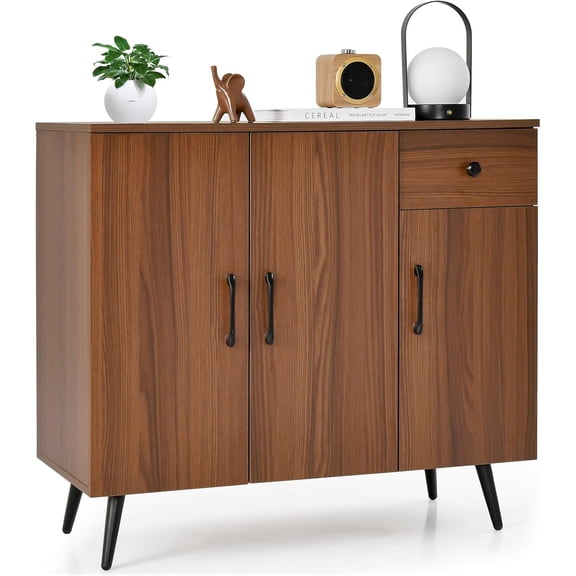 Favory Buffet Cabinet with Storage, Sideboard w/ 3 Doors, Drawer, Adjustable Shelves, Anti-Tipping , Metal Legs, Modern Storage for Coffee Bar, Living Room, Kitchen, Walnut