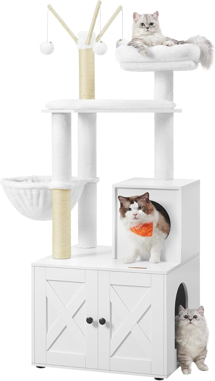 Favory Cat Tree with Litter Box Enclosure, 59-Inch Modern Cat Tower, 2-in-1 Condo with Scratching Posts, Washable Removable Cushion, Cloud White UPCT113W01