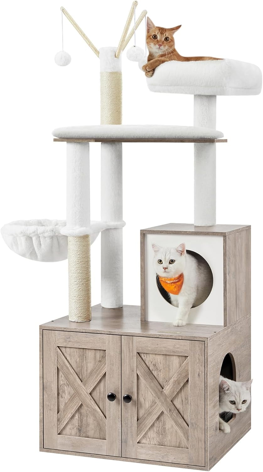 Favory Cat Tree with Litter Box Enclosure, 59-Inch Modern Cat Tower, 2-in-1 Condo with Scratching Posts, Washable Removable Cushion, Greige UPCT113G01
